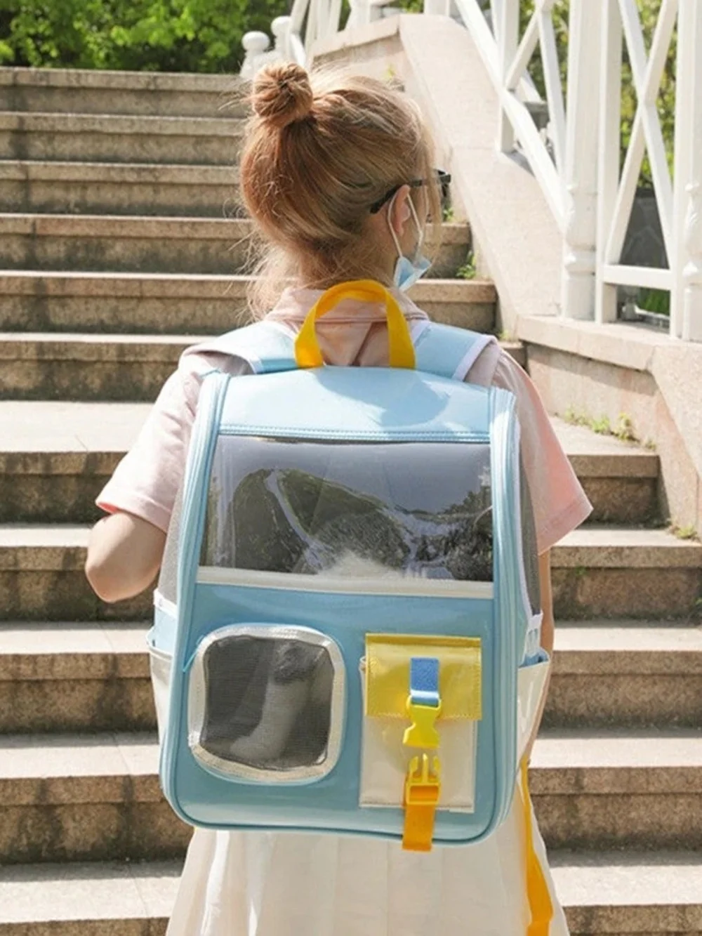 Light Blue Cat Carrier Backpack with Yellow Accents and Clear Window